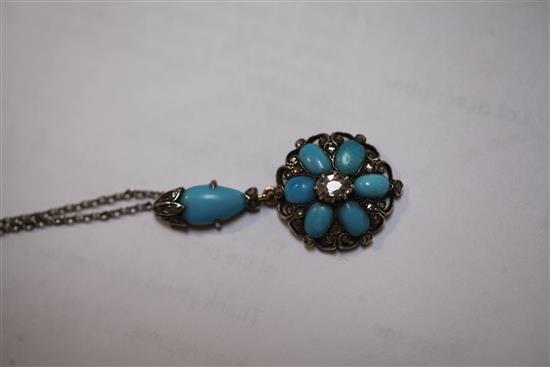 A late Victorian gold, silver, turquoise and diamond drop pendant, pendant overall 1.5in.